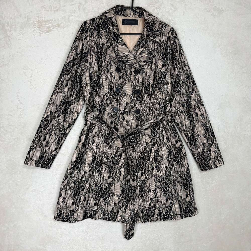 Kardashian Kollection Black Floral Lace Trench Coat Nude Lining XL Romantic